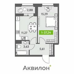 ЖК «Аквилон ZALIVE», планировка 1-комнатной квартиры, 37.24 м²