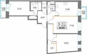ЖК «Приморский квартал», планировка 3-комнатной квартиры, 85.65 м²