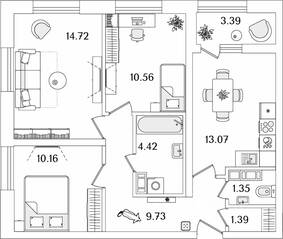 ЖК «БелАрт», планировка 3-комнатной квартиры, 67.10 м²