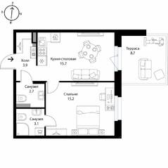 МЖК «Экография», планировка 1-комнатной квартиры, 43.20 м²