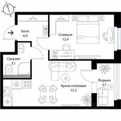 МЖК «Экография», планировка 1-комнатной квартиры, 37.40 м²