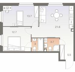 ЖК «Twelve», планировка 3-комнатной квартиры, 60.20 м²