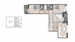 ЖК «Sertolovo Park», планировка 3-комнатной квартиры, 69.46 м²