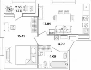 ЖК «Академик», планировка 1-комнатной квартиры, 38.64 м²
