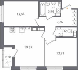 ЖК «Б15», планировка 2-комнатной квартиры, 61.65 м²