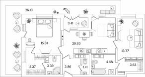 ЖК «БелАрт», планировка 2-комнатной квартиры, 82.43 м²