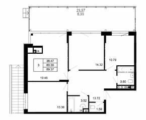 МЖК «Сказка», планировка 3-комнатной квартиры, 89.37 м²