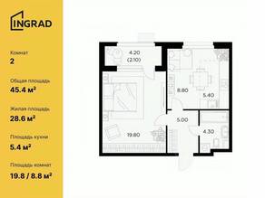 ЖК «Новое Медведково», планировка 2-комнатной квартиры, 45.40 м²