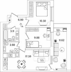 ЖК «БелАрт», планировка 2-комнатной квартиры, 54.25 м²