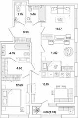ЖК «Академик», планировка 3-комнатной квартиры, 78.00 м²