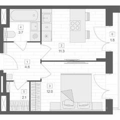 Апарт-комплекс «ORO», планировка 1-комнатной квартиры, 33.90 м²