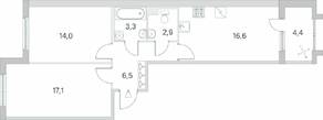 ЖК «Югтаун. Олимпийские кварталы», планировка 2-комнатной квартиры, 62.60 м²