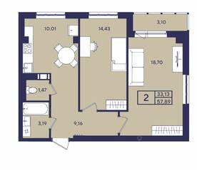 ЖК «Port», планировка 2-комнатной квартиры, 57.90 м²