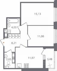 ЖК «Б15», планировка 2-комнатной квартиры, 54.66 м²