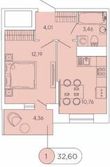 ЖК «Аквилон Stories», планировка 1-комнатной квартиры, 32.60 м²
