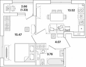 ЖК «Академик», планировка 1-комнатной квартиры, 38.15 м²