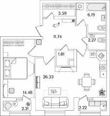 ЖК «БелАрт», планировка 1-комнатной квартиры, 68.63 м²