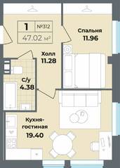 Апарт-комплекс «Лиговский, 127», планировка 1-комнатной квартиры, 47.02 м²