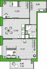 ЖК «FRIENDS», планировка 2-комнатной квартиры, 52.15 м²