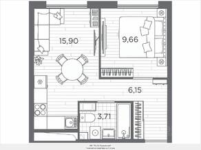 ЖК «Plus Пулковский», планировка 1-комнатной квартиры, 35.42 м²