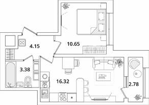 ЖК «БелАрт», планировка 1-комнатной квартиры, 35.89 м²