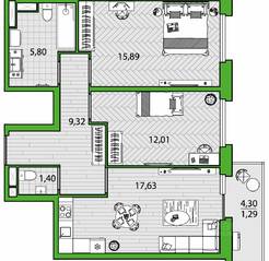 ЖК «FRIENDS», планировка 2-комнатной квартиры, 63.34 м²