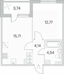 ЖК «Югтаун. Олимпийские кварталы», планировка 1-комнатной квартиры, 39.03 м²