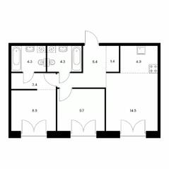 ЖК «Лермонтовский 54», планировка 2-комнатной квартиры, 57.80 м²