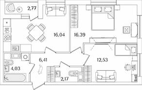 ЖК «Лайнеръ», планировка 2-комнатной квартиры, 58.96 м²