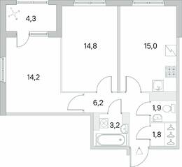 ЖК «Югтаун. Олимпийские кварталы», планировка 2-комнатной квартиры, 59.25 м²
