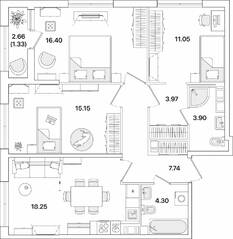 ЖК «Академик», планировка 3-комнатной квартиры, 82.09 м²