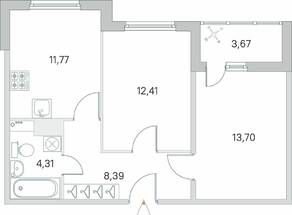 ЖК «Ясно. Янино», планировка 2-комнатной квартиры, 52.42 м²