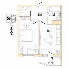 ЖК «Lotos Club», планировка 1-комнатной квартиры, 46.00 м²