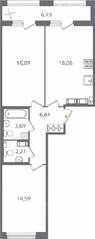 ЖК «Б15», планировка 2-комнатной квартиры, 65.51 м²