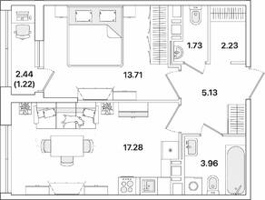 ЖК «Академик», планировка 1-комнатной квартиры, 45.26 м²