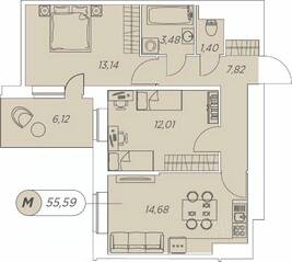 ЖК «Аквилон Stories», планировка 2-комнатной квартиры, 55.59 м²