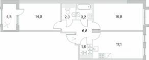 ЖК «Югтаун. Олимпийские кварталы», планировка 2-комнатной квартиры, 64.25 м²