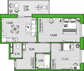 ЖК «FRIENDS», планировка 2-комнатной квартиры, 54.51 м²
