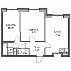 ЖК «Юнтолово», планировка 3-комнатной квартиры, 54.70 м²
