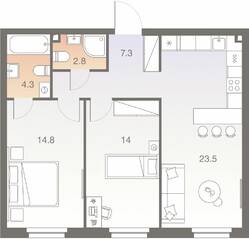 ЖК «Twelve», планировка 3-комнатной квартиры, 66.70 м²