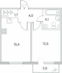 МЖК «Новое Сертолово», планировка 1-комнатной квартиры, 38.60 м²