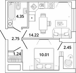 ЖК «Master Place», планировка 1-комнатной квартиры, 33.80 м²