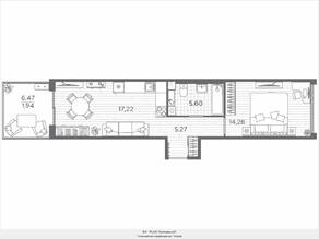 ЖК «Plus Пулковский», планировка 1-комнатной квартиры, 44.31 м²