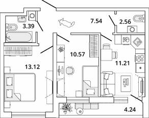 ЖК «Master Place», планировка 2-комнатной квартиры, 50.51 м²