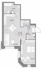 ЖК «AKZENT», планировка 1-комнатной квартиры, 57.73 м²