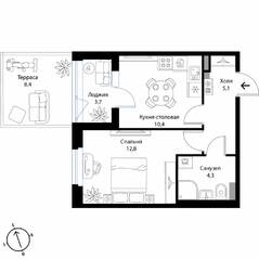 МЖК «Экография», планировка 1-комнатной квартиры, 37.00 м²