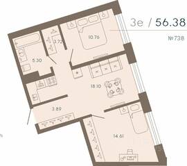 Апарт-комплекс «17/33 Петровский остров», планировка 2-комнатной квартиры, 56.38 м²