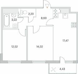 ЖК «Ясно. Янино», планировка 2-комнатной квартиры, 58.89 м²