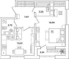 ЖК «БелАрт», планировка 1-комнатной квартиры, 45.61 м²