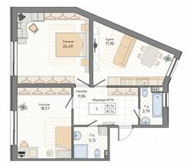 ЖК «Мануфактура James Beck», планировка 2-комнатной квартиры, 81.74 м²